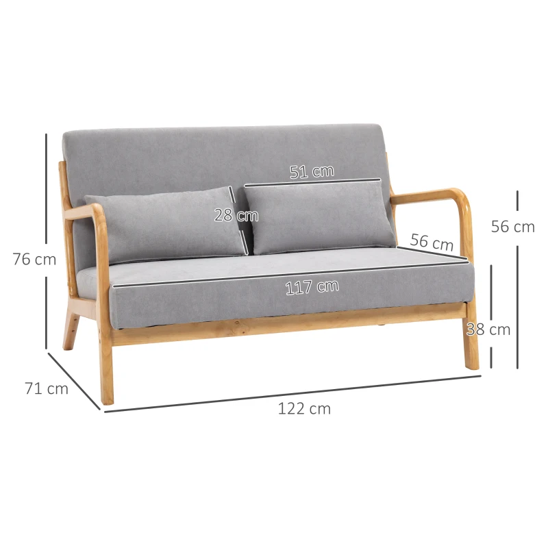 HOMCOM Canapea cu 2 locuri moderna din Lemn cu perne, tasatura cu efect de catifea, 122x71x76 cm, Gri(m-3)