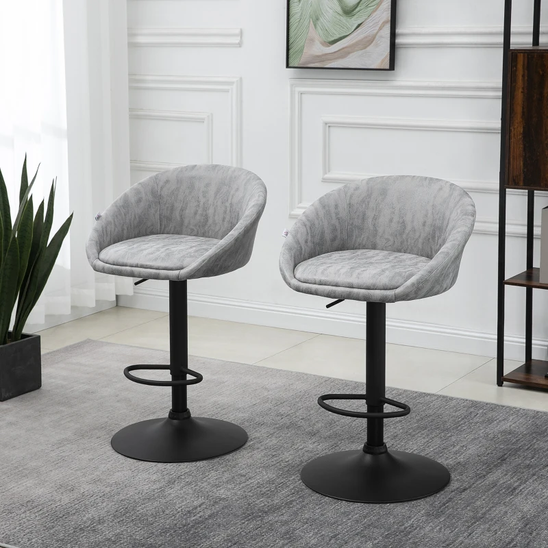 HOMCOM Set 2 Scaune de Bar cu inaltime reglabila Scaun rotativ, invelis din piele PU, suport pentru picioare, 57x50x84-104cm, Gri deschis(m-10)