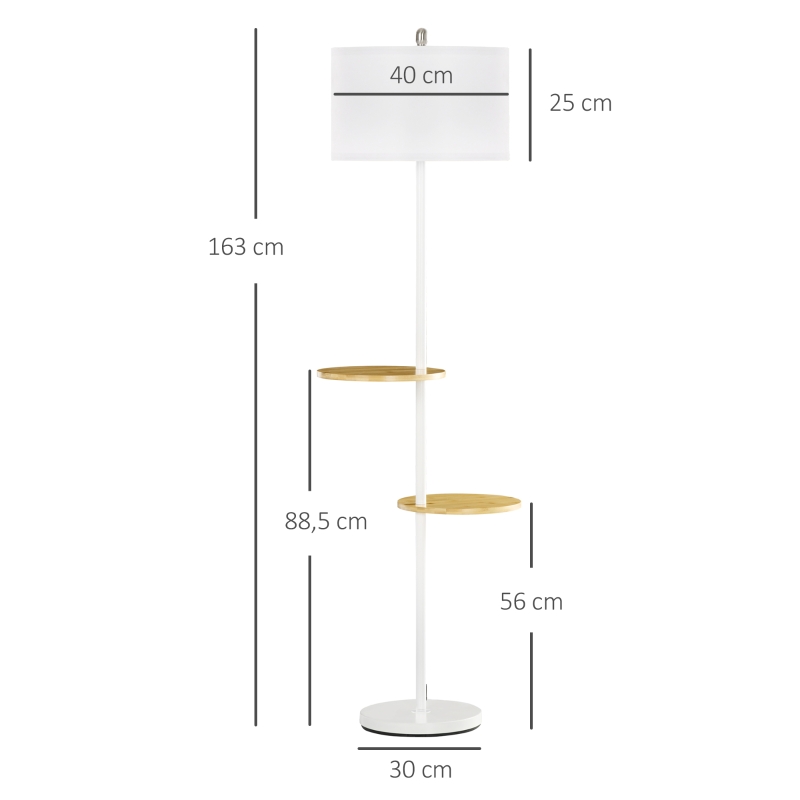 HOMCOM Lampadaire sur pied salon abat-jour en tissu 2 étagères rondes en bois interrupteur au pied culot E27 163 cm blanc