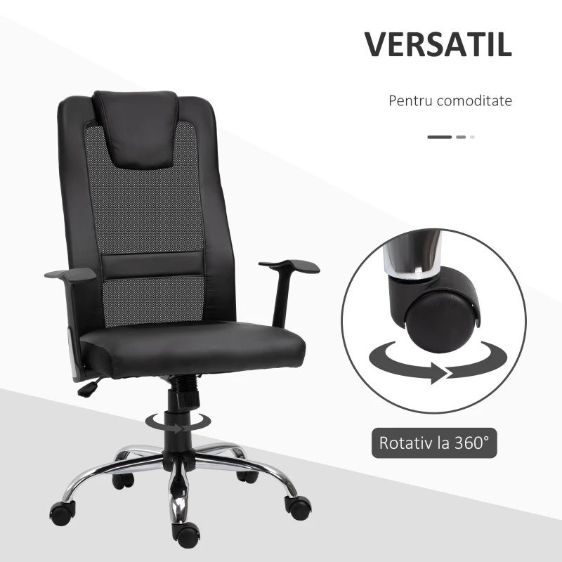 Vinsetto Scaun Birou Ergonomic Rotativ in Mesh si Piele Ecologica Inaltime Reglabila, Negru