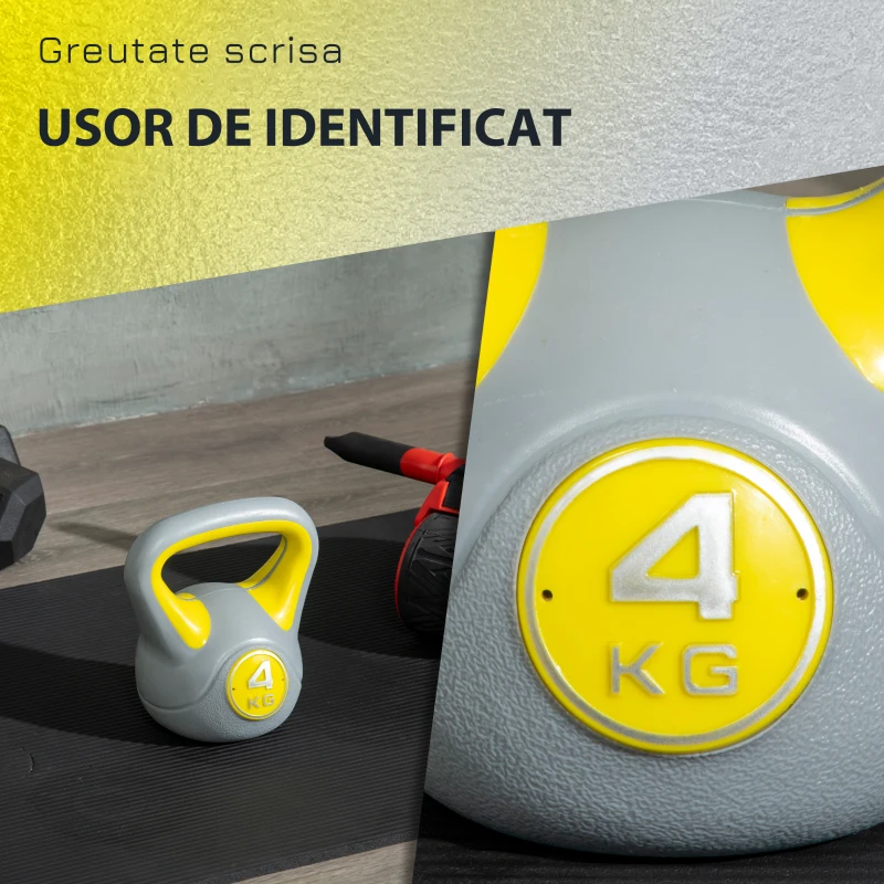 SPORTNOW Kettlebell 4kg din PU si nisip cu baza plana si maner comod, 18x12x20 cm, Galben