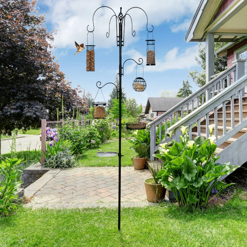 Pawhut Bird Feeding Station Kit, Wild Bird Feeder Pole with 6 Hooks, 4 Hanging Feeders for Peanuts, Seed, Fat Balls, for Garden, Outdoor, Black