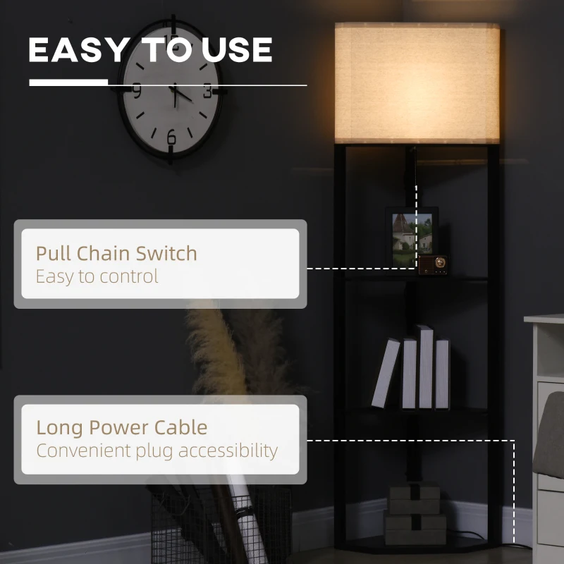 HOMCOM Lampa de podea de colt cu rafturi si abajur din material textil, lampa din lemn pentru living si dormitor, 50x37x159cm, negru