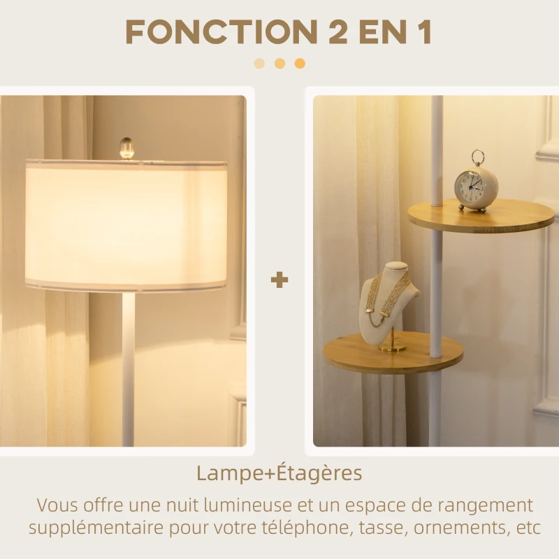HOMCOM Lampadaire sur pied salon abat-jour en tissu 2 étagères rondes en bois interrupteur au pied culot E27 163 cm blanc