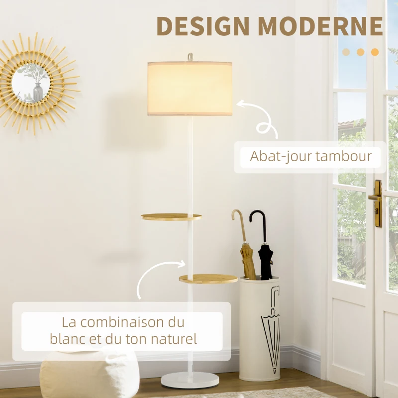 HOMCOM Lampadaire sur pied salon abat-jour en tissu 2 étagères rondes en bois interrupteur au pied culot E27 163 cm blanc