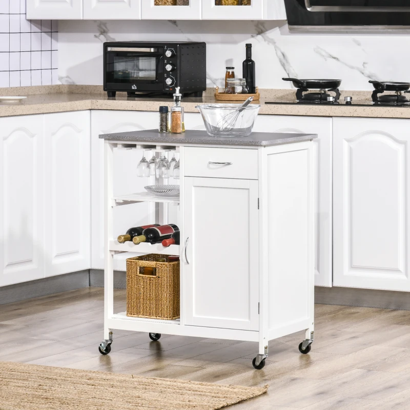 HOMCOM Compact Kitchen Trolley Utility Cart on Wheels with Wine Rack, Drawer, Open Shelf and Storage Cabinet for Dining Room, White