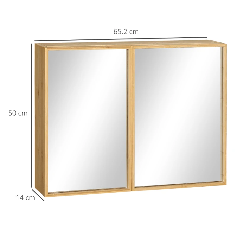 kleankin Oglinda de baie din bambus si sticla cu 3 rafturi, 2 usi si oglinzi, 65,2x14x50 cm, culoare lemn