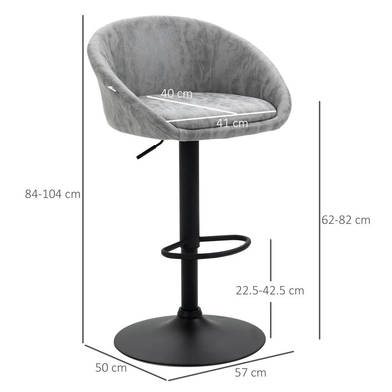 HOMCOM Set 2 Scaune de Bar cu inaltime reglabila Scaun rotativ, invelis din piele PU, suport pentru picioare, 57x50x84-104cm, Gri deschis(m-3)
