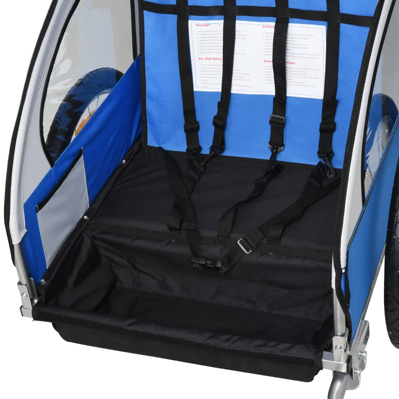 HOMCOM 2 Seat Bike Trailer Bicycle wagon for Kids Child Steel Frame Safety Harness Seat Carrier Hitch Coupler Blue White 130 x 76 x 88 cm