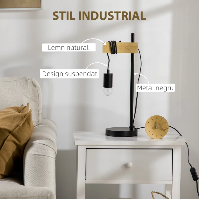 Lampa de masa in stil industrial HOMCOM, veioza si noptiera din lemn si otel, fara abajur, negru si natural