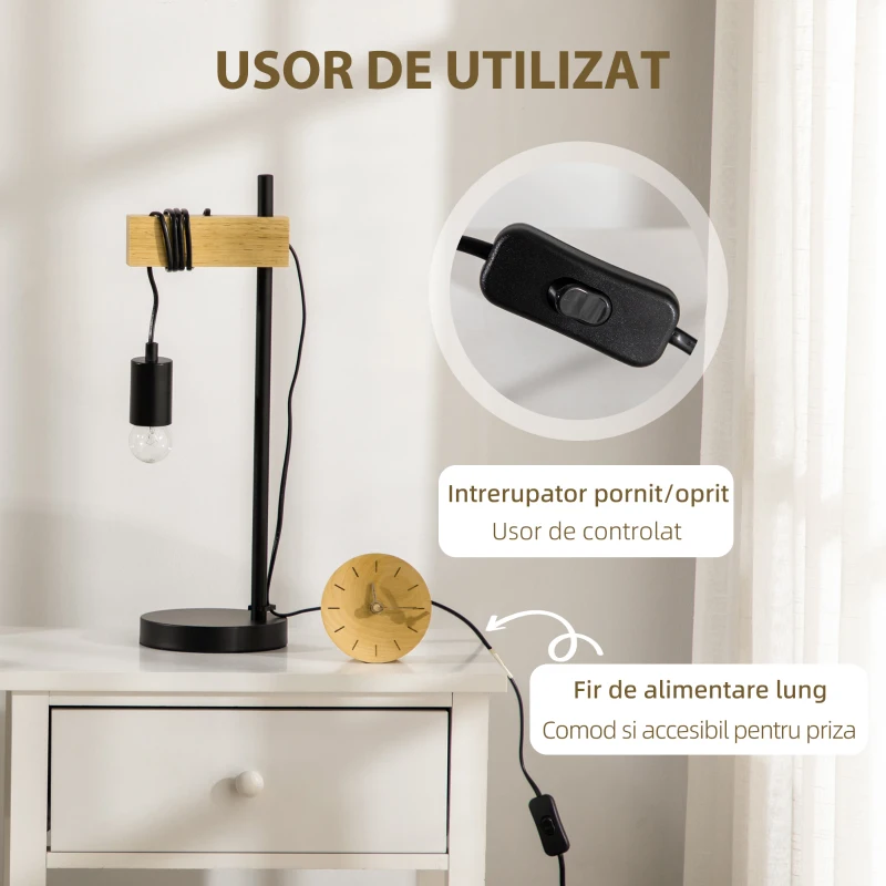 Lampa de masa in stil industrial HOMCOM, veioza si noptiera din lemn si otel, fara abajur, negru si natural
