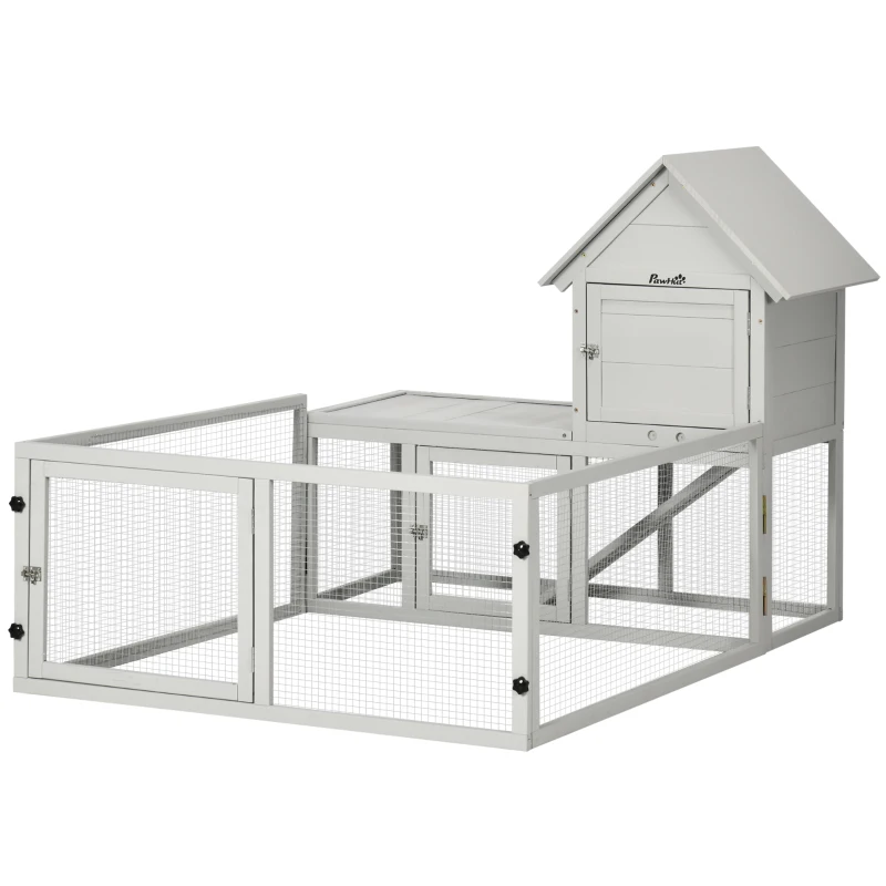PawHut Indoor Rabbit Hutch, Guinea Pig Cage, with Slide-Out Tray, Large Fenced Area - Light Grey