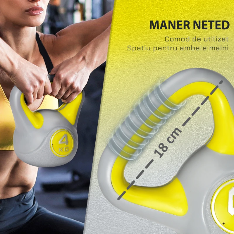 SPORTNOW Kettlebell 4kg din PU si nisip cu baza plana si maner comod, 18x12x20 cm, Galben