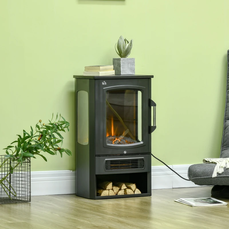 HOMCOM elektrische haard, realistische vlammen, 2 verwarmingsniveaus, bescherming tegen oververhitting, staal, zwart, 44,5 x 32 x 74 cm(m-10)