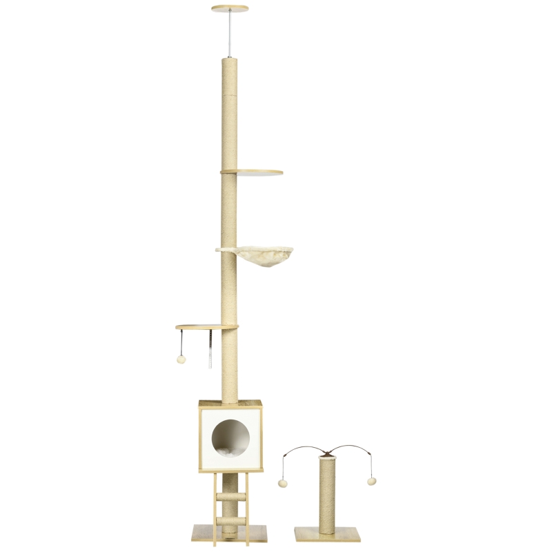 PawHut Ansamblu pentru pisici din PAL reglabil in inaltime cu stalp de zgariat pentru pisici, hamac pentru pisici si minge de joaca, 40x40x225-285cm
