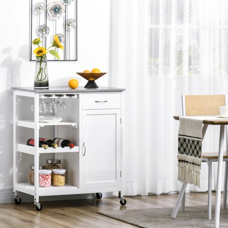 HOMCOM Compact Kitchen Trolley Utility Cart on Wheels with Wine Rack, Drawer, Open Shelf and Storage Cabinet for Dining Room, White