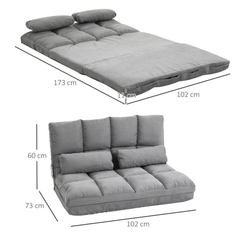 HOMCOM 2-In-1 Floor Sofa Lazy Bed, Folding Couch with 7 Position Adjustable Backrest, Thick Padding, Metal Frame and 2 Pillows, Light Grey