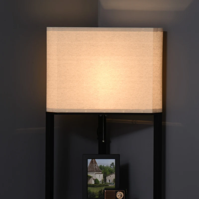 HOMCOM Lampa de podea de colt cu rafturi si abajur din material textil, lampa din lemn pentru living si dormitor, 50x37x159cm, negru