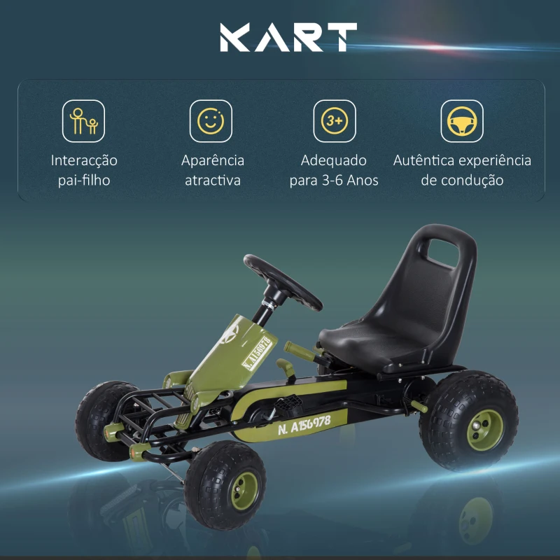 HOMCOM Kart a Pedais com Assento Ajustável Embreagem Travão de Mão para Crianças de 3-6 Anos 99x65x56 cm Verde e Preto