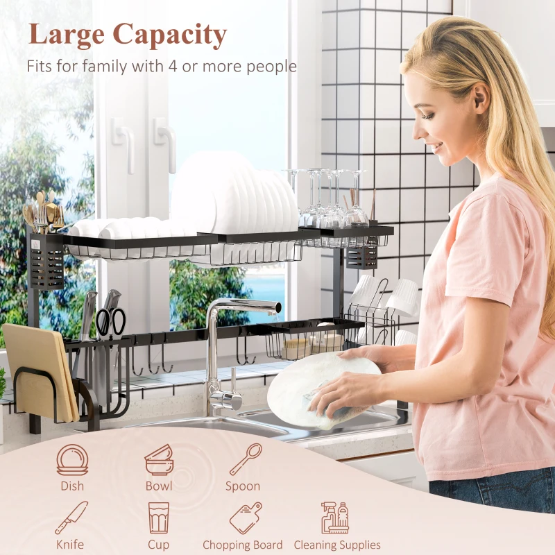 HOMCOM Uscator de vase cu 2 rafturi pentru chiuveta, cu suport pentru tacamuri si carlige, 100x30x52,5 cm, negru