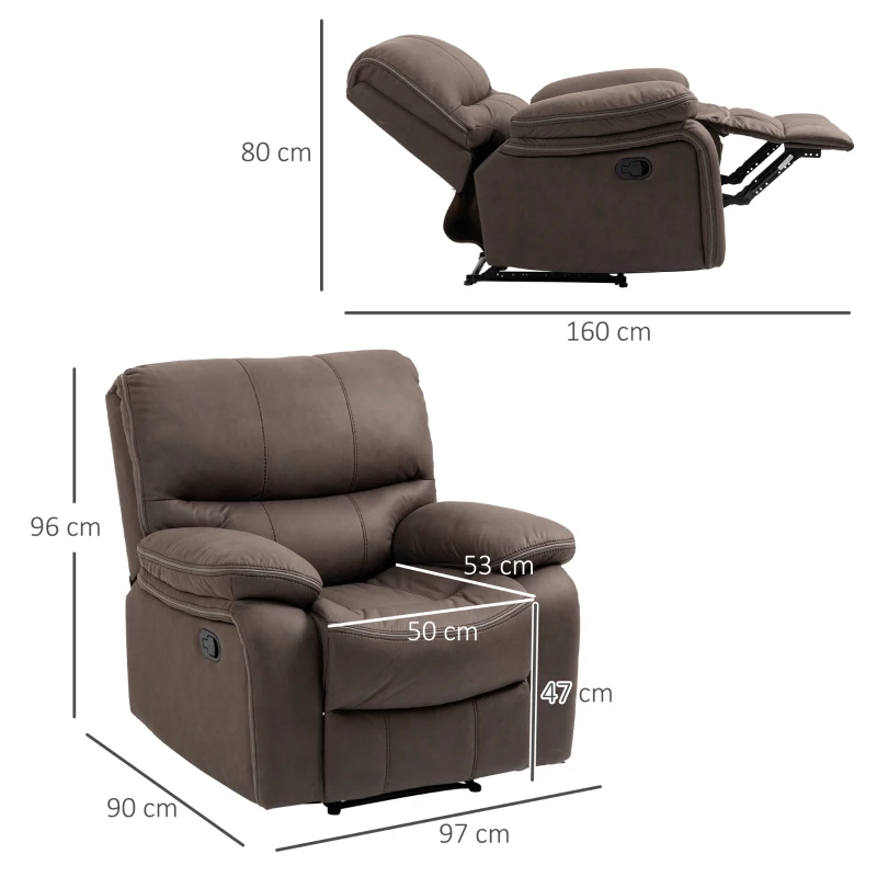 HOMCOM Fotoliu Relax cu inclinare manuala si suport pentru picioare, husa din microfibra si captuseala suplimentara, 97x90x96cm, maro(m-3)