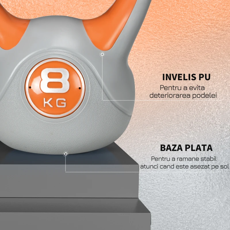 SPORTNOW Kettlebell 8kg din PU si nisip cu baza plata si maner practic pentru deadlifting, genuflexiuni si lifting, 20x14x24 cm, portocaliu