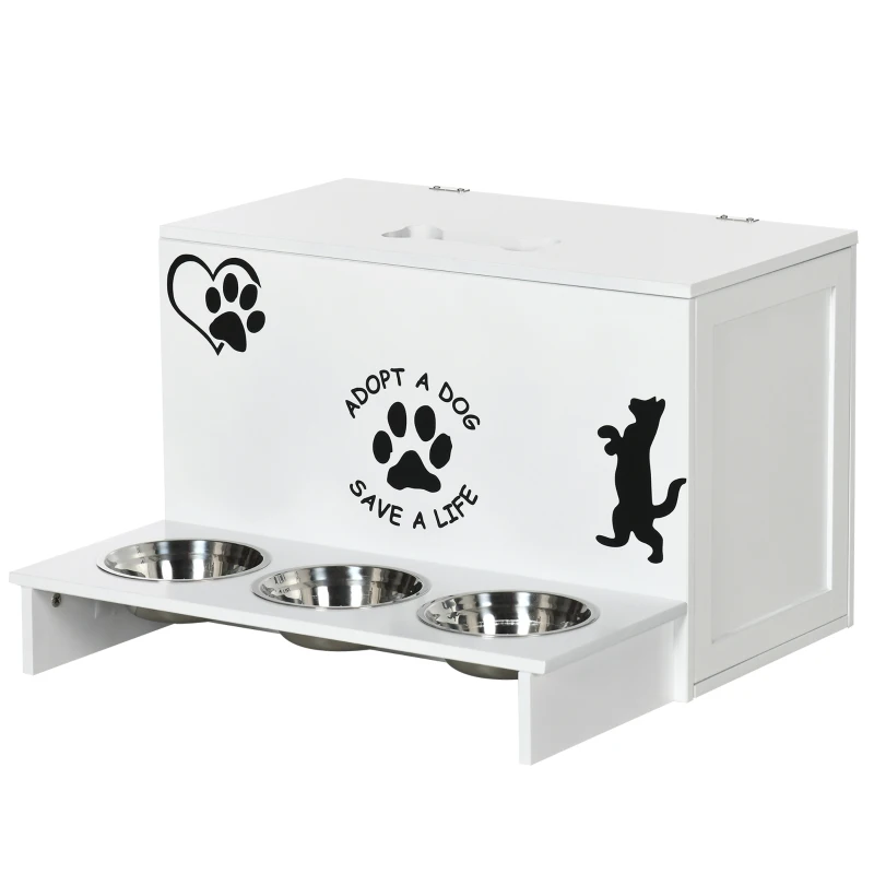 PawHut Set de 3 boluri pentru caini 500 ml cu spatiu de depozitare din MDF si suport din otel inoxidabil, 57x53x37,5 cm, alb