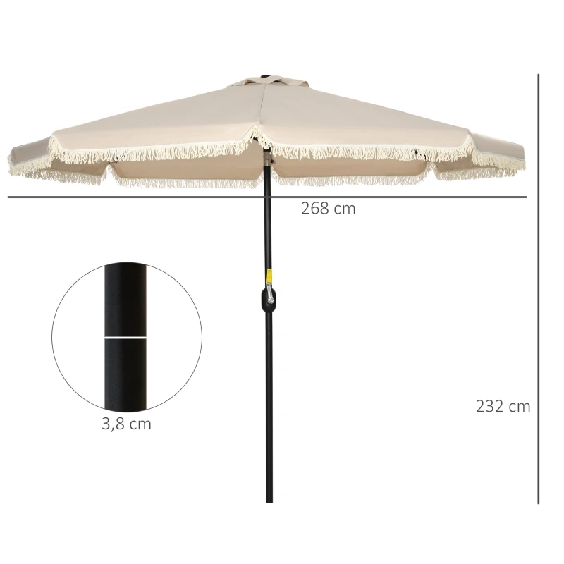 Parasol Outsunny, parasol ogrodowy, z frędzlami, uchylny, z korbą ręczną, stal+poliester, khaki, Ø268 x 232 cm