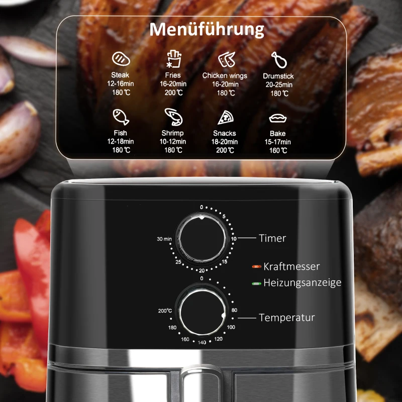 HOMCOM Heißluftfritteuse 4,5 L 1500W mit 8 Menüs Antihaftbeschichteter Korb für gesundes ölfreies fettarmes Kochen Stahl Schwarz 35,5 x 28 x 33,8 cm