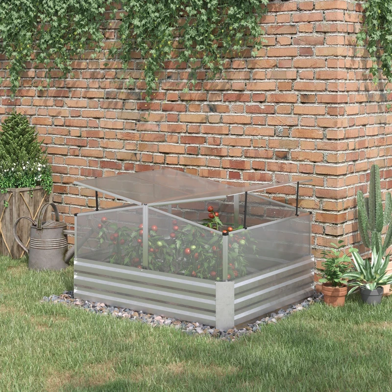 Outsunny bloembak, bloembak, bloembak met dakkleppen, kasgroentebed voor bloemen, kruiden in de tuin, terras en balkon, zilver, 126 x 107 x 67,5 cm