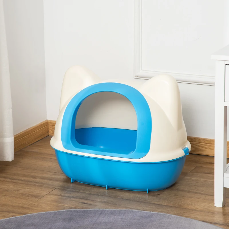 PawHut Caja de Arena para Gatos Arenero Cerrado de Gato con Orificio de Entrada y Pala Incluida 59x42,5x47 cm Blanco y Azul