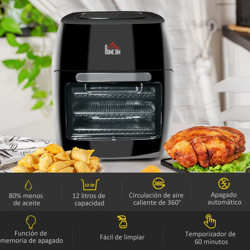 HOMCOM Freidora sin Aceite 1800W 11L Horno de Aire Caliente 8 Programas Pantalla Táctil LED Temporizador 32x35,6x37,9 cm Negro