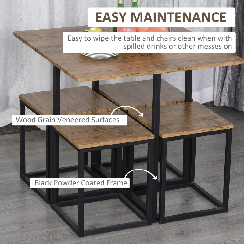 HOMCOM 5 Piece Dining Table and Chairs Set 4, Industrial Space Saving Table and Chairs with Metal Frame, Square Kitchen Table and Stools for Dining Room, Brown