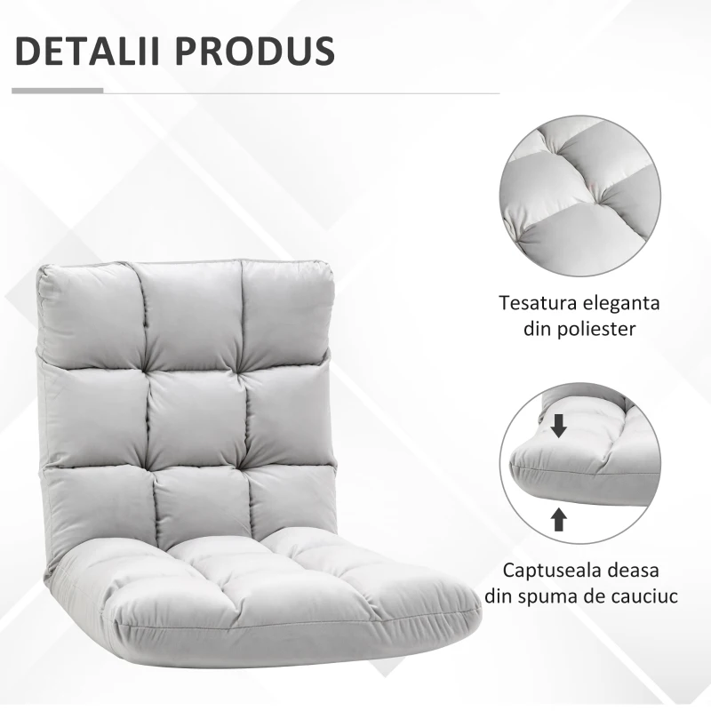 HOMCOM Fotoliu Relax pentru podea cu spatar inclinat la 180°, husa si captuseala groasa, 71x55x53,5 cm, gri deschis(m-7)