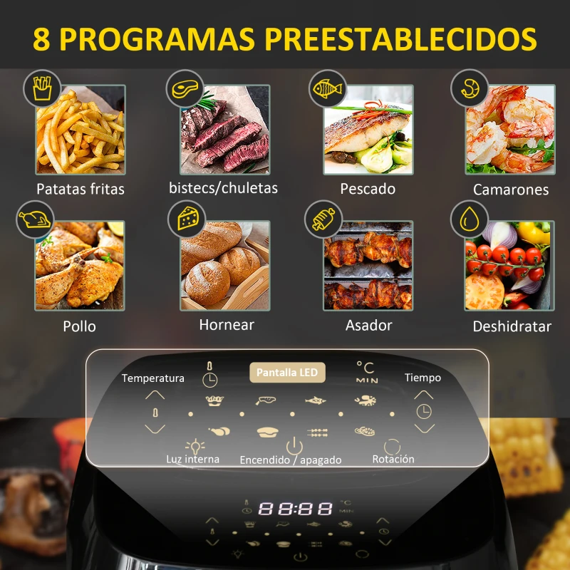 HOMCOM Freidora sin Aceite 1800W 11L Horno de Aire Caliente 8 Programas Pantalla Táctil LED Temporizador 32x35,6x37,9 cm Negro
