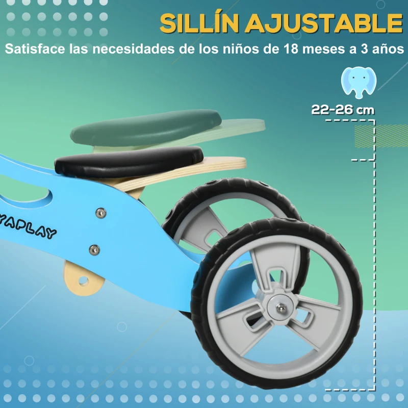 AIYAPLAY 2 en 1 Bicicleta sin Pedales de Madera para +18 Meses Triciclo Infantil Modelo Elefante 60x38x38 cm Azul