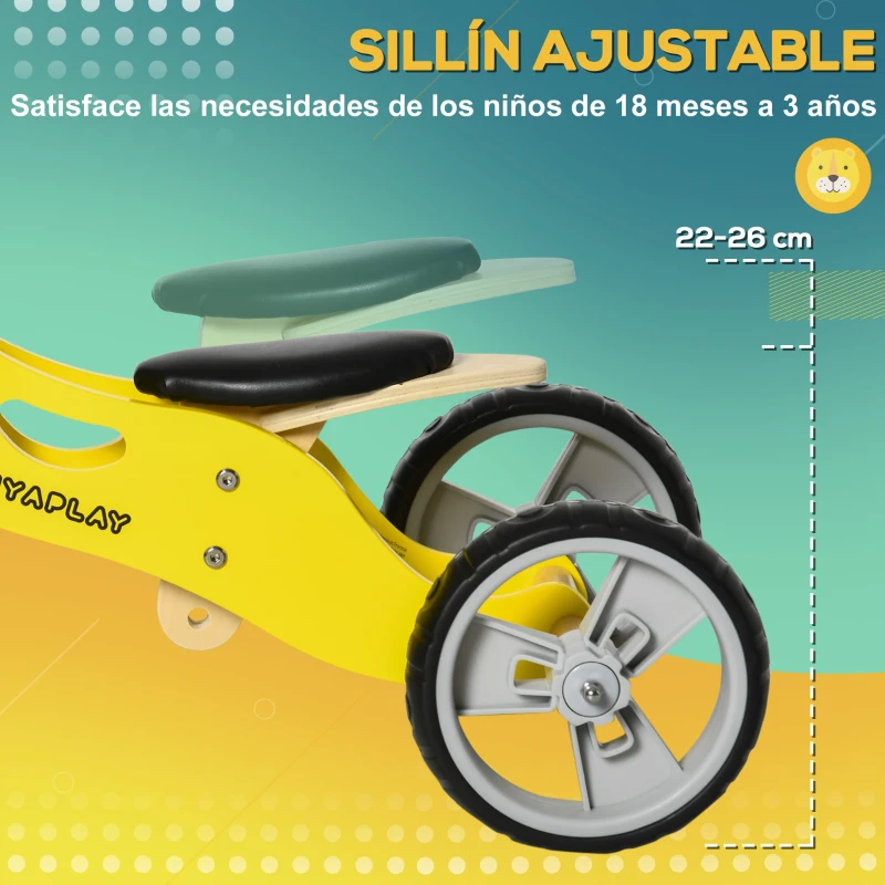 AIYAPLAY 2 en 1 Bicicleta sin Pedales de Madera para +18 Meses Triciclo Infantil Modelo León 60x38x38 cm Amarillo