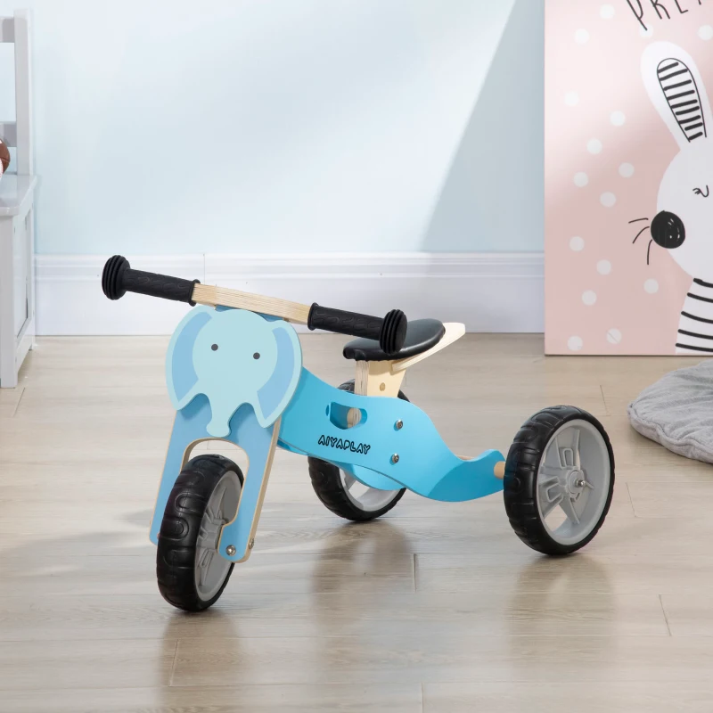 AIYAPLAY 2 en 1 Bicicleta sin Pedales de Madera para +18 Meses Triciclo Infantil Modelo Elefante 60x38x38 cm Azul