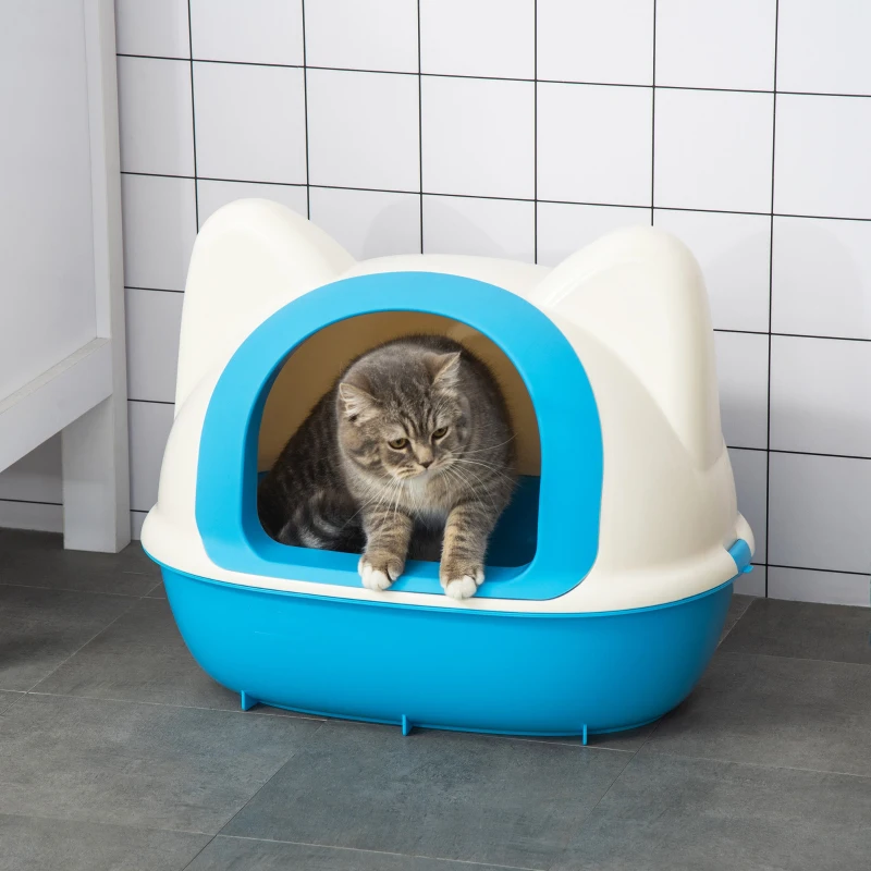 PawHut Caja de Arena para Gatos Arenero Cerrado de Gato con Orificio de Entrada y Pala Incluida 59x42,5x47 cm Blanco y Azul