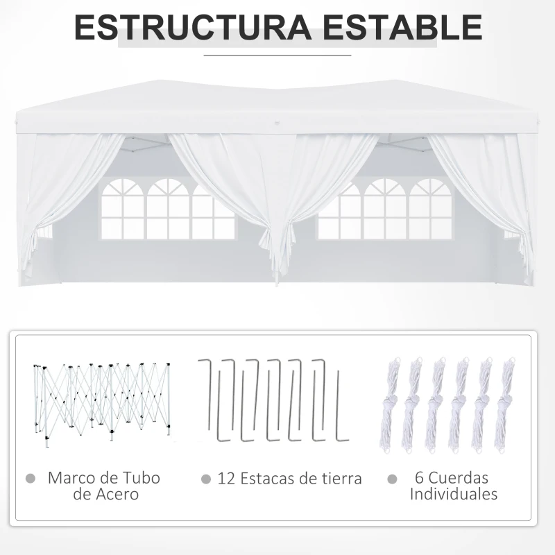 Outsunny Cenador de Jardín 5,91x2,97x2,55 m con 4 Paneles 4 Ventanas 2 Puertas 1 Bolsa Anti-UV y 12 Orificios de Drenaje Blanco
