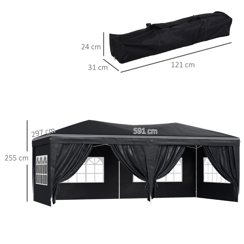 Outsunny 3 x 6m Garden Heavy Duty Pop Up Gazebo Marquee Party Tent Wedding Water Resistant Awning Canopy-Black