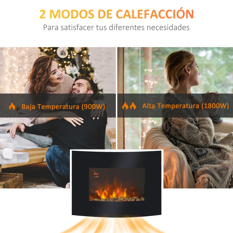 HOMCOM Chimenea Eléctrica 900W/1800W Chimenea Decorativa de Pared con Temperatura Ajustable Efecto Llamas Atmosféricas y Mando a Distancia para Sala 25-30 m² 65x11,4x52 cm Negro