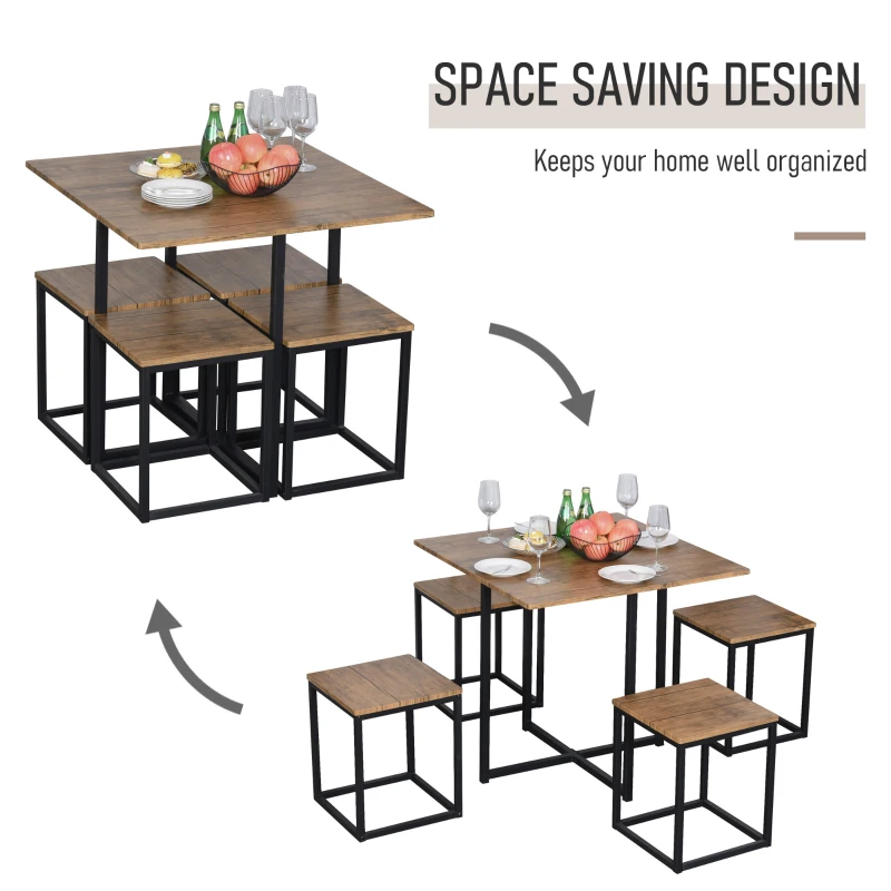 HOMCOM 5 Piece Dining Table and Chairs Set 4, Industrial Space Saving Table and Chairs with Metal Frame, Square Kitchen Table and Stools for Dining Room, Brown