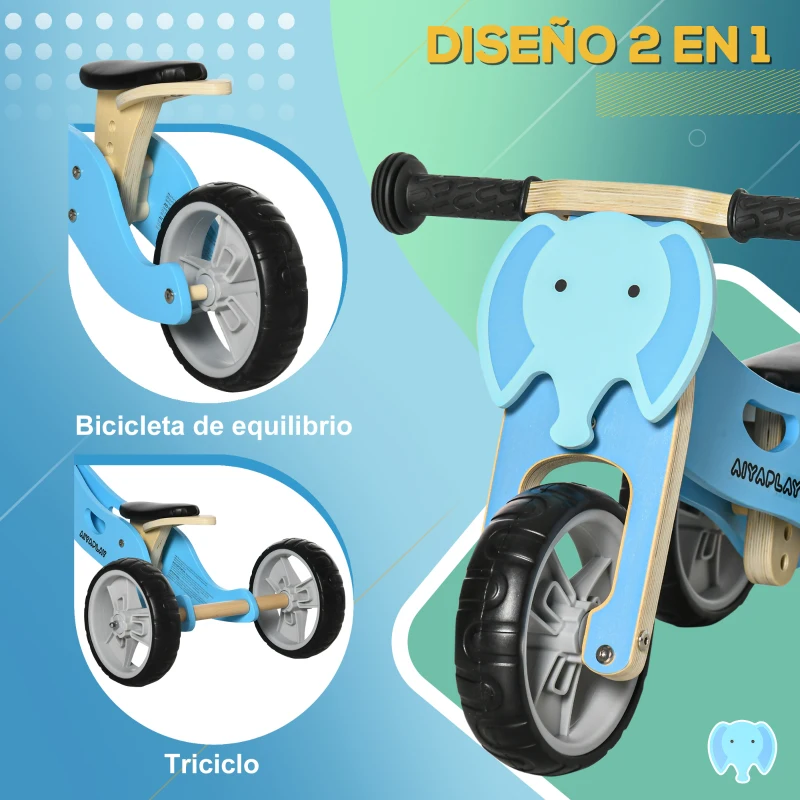 AIYAPLAY 2 en 1 Bicicleta sin Pedales de Madera para +18 Meses Triciclo Infantil Modelo Elefante 60x38x38 cm Azul