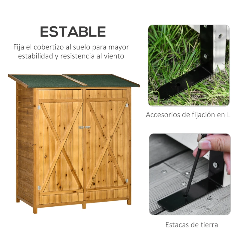 Outsunny Caseta de Jardín de Madera 140x75x157 cm Cobertizo para Almacenaje de Herramientas con Techo Asfáltico Estantería y 2 Puertas con Cerrojo para Exterior Terraza Natural