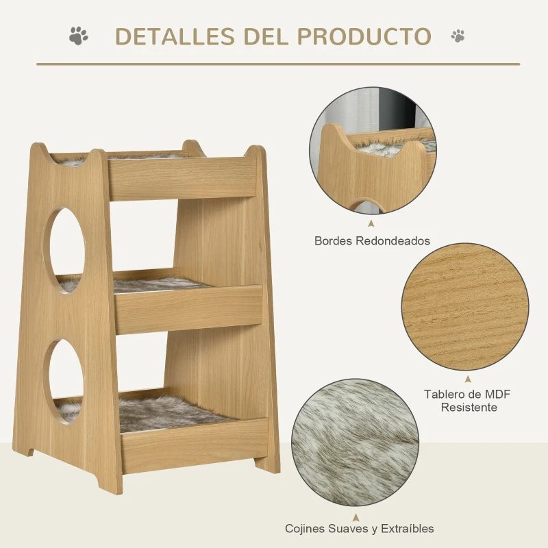 PawHut Cama para Gatos de 3 Niveles con Alfombrillas Extraíbles y Múltiples Entradas Mueble Litera para Gatitos 50x43x74 cm Color Madera Natural