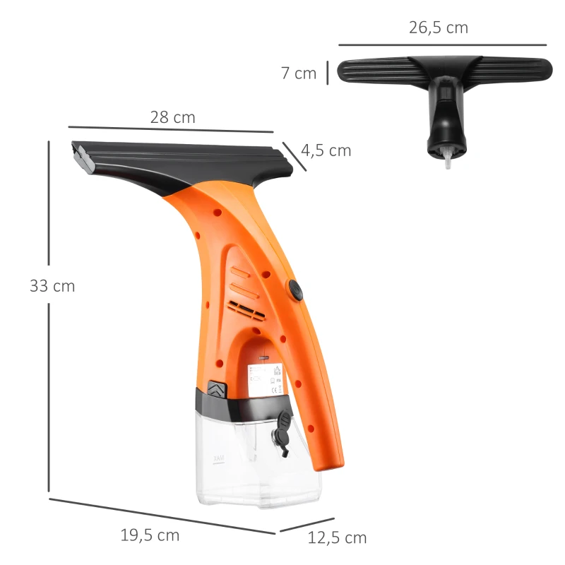 HOMCOM Limpiador de Ventanas Eléctrico 2 en 1 Aspirador Limpiacristales con Depósito de Agua 300 ml y Punta de Goma Incluye Pulverizador 19,5x12,5x33 cm Naranja