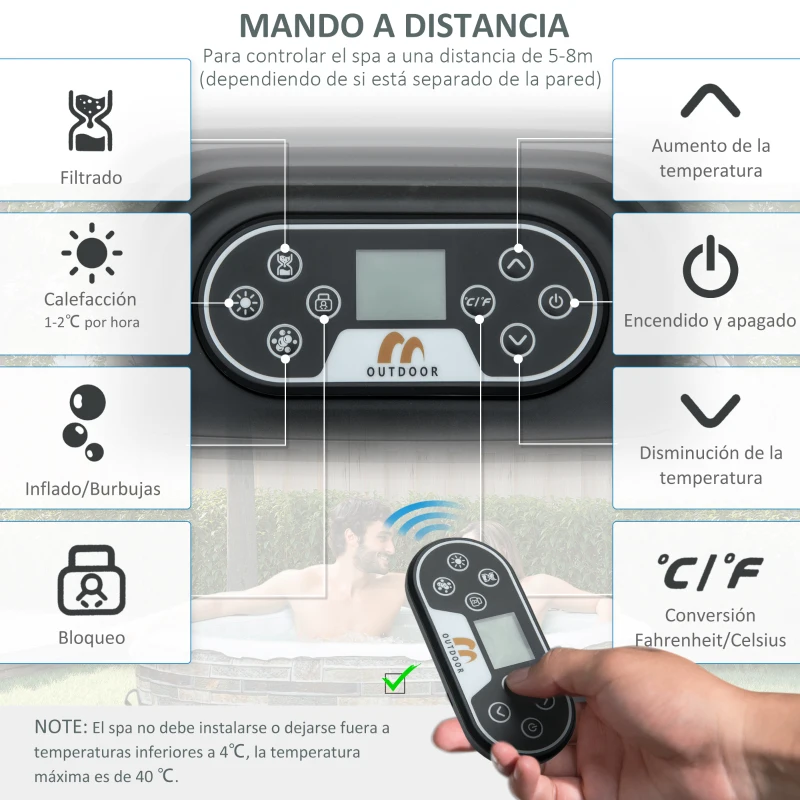 Outsunny Spa Hinchable Cuadrado para 4 Personas 930L 180x180x68 cm con 108 Chorros de Masaje Azul