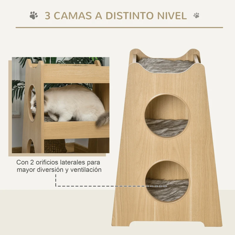 PawHut Cama para Gatos de 3 Niveles con Alfombrillas Extraíbles y Múltiples Entradas Mueble Litera para Gatitos 50x43x74 cm Color Madera Natural