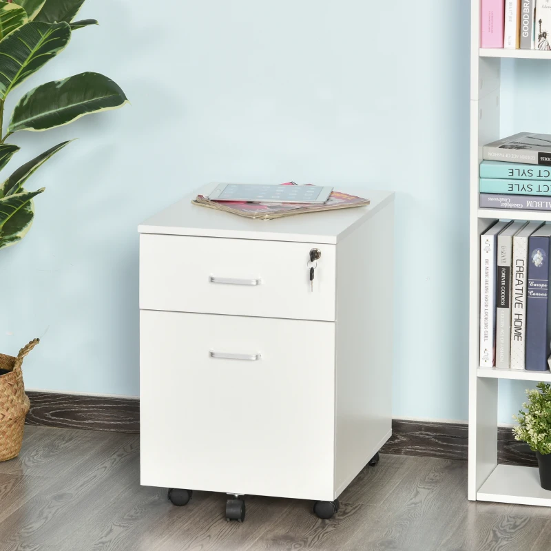 Vinsetto Cajonera de Oficina con Ruedas Mueble Archivador con 2 Cajones para Documentos en Tamaño A4 Cerradura 40x49x58 cm Blanco